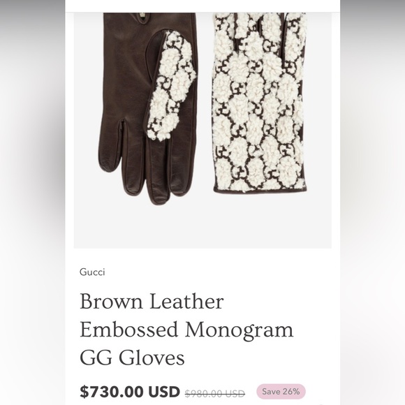 Gucci Brown Leather Embossed Monogram GG Gloves - Picture 5 of 5